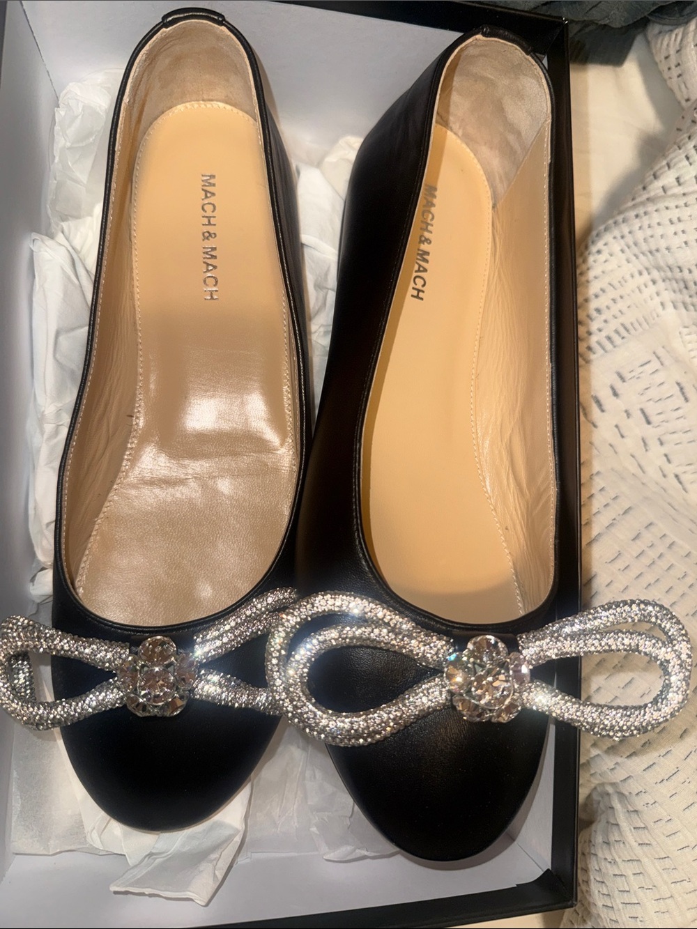 NWT Mach & Mach Black Double Bow Leather Flats